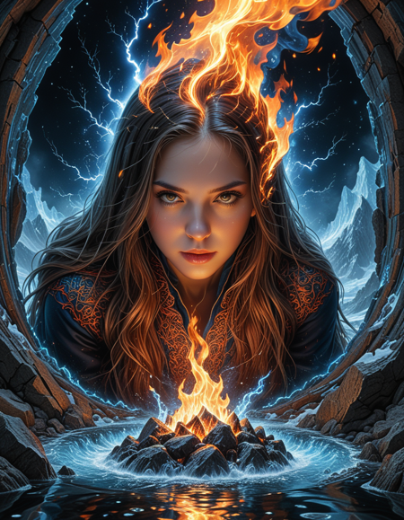 (masterpiece, top quality, best quality, official art, beautiful and aesthetic:1.2), (1girl), extreme detailed,
 (abstract, fractal art:1.3), long hair, isometric, highest detailed, (fire, water, ice, lightning), ghost, Smooth Quality, ArsMJStyle, Colored pencil hyperdetailed realism, <lora:clear:1>, <lora:FF.101.juggernautXL_version6Rundiffusion.LORA:0.7>, <lora:Hyperdetailed_Colored_Pencil:0.6>, <lora:SDXLDetailer:1>