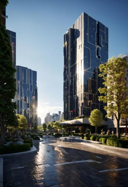 (((Modern style architecture, housing, luxury residence))),
outdoors, sky, tree, blue sky, no humans, ground vehicle, building, scenery, reflection, city, cityscape, bare tree, skyscraper, real world location,
(Large Files, Ultra Realistic, 8K, 16k, FHD, HD, VFX, Perfect, Photography, composition, Architecture Sales Photography, Architecture Competition, Ultra High Resolution, Cinematography, High Resolution Image:1.1), (dramatic lighting, direct sunlight, ray tracing, clear shadow:1.2), (real landscape:1.1), (blurred background:1.0), (urban background, more_details)  
(avant-garde, future, reality, science fiction, photorealistic), (modern architecture:1.2), White limestone with black granite, fountain, waterfall, landmark, square, path, narrow street,
(Large Files, Ultra Realistic, 8K, 16k, FHD, HD, VFX, Perfect, Photography, composition, Architecture Sales Photography, Architecture Competition, Ultra High Resolution, Cinematography, High Resolution Image:1.1), (dramatic lighting, direct sunlight, ray tracing, clear shadow:1.2),  (real landscape:1.1), (blurred background:1.0), (urban background, more_details) ,
great lighting, extremely detailed, clear, SteamPunk, scifiurban, vertical