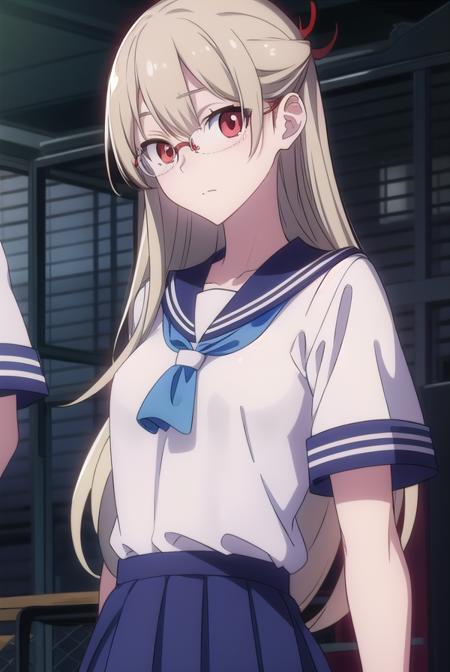 kotonesasaki, <lora:kotonesasakitest:0.8>,
kotone sasaki, long hair, (red eyes:1.5), glasses, blonde hair, hair pin, (small breast:1.2),
BREAK sailor uniform, serafuku, blue sailor collar, short sleeves, skirt, blue skirt, school uniform,
BREAK looking at viewer,
BREAK indoors, classroom,
BREAK <lora:GoodHands-vanilla:1>, (masterpiece:1.2), best quality, high resolution, unity 8k wallpaper, (illustration:0.8), (beautiful detailed eyes:1.6), extremely detailed face, perfect lighting, extremely detailed CG, (perfect hands, perfect anatomy),