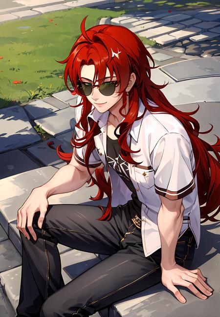 ((masterpiece,best quality)), 1boy, argenti, green eyes, sunglasses on head, shirt, short sleeves, pants, smile, sitting, outdoors, from above,