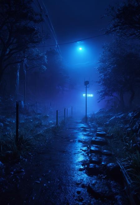 Hyperrealistic art glowing blue and purple neon light in background, scenery, outdoor, masterpiece, best quality, ultra-detailed, (anime style), hires, dark fantasy, eerie atmosphere, uncultivated, loneliness, thriller theme, fog, <lora:add-detail-xl:1> . Extremely high-resolution details, photographic, realism pushed to extreme, fine texture, incredibly lifelike