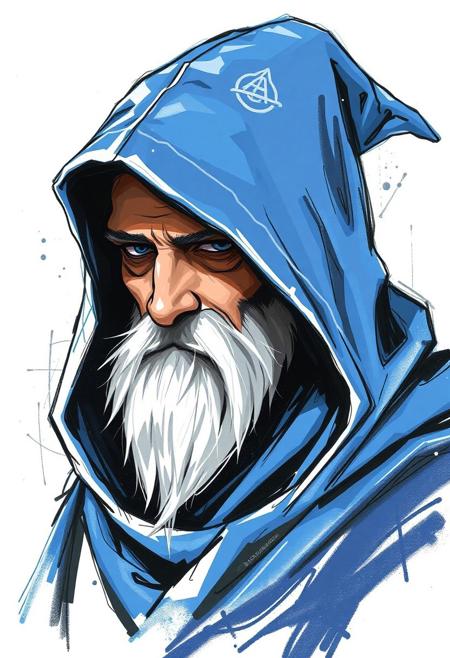 Hooded wizard, blue hood, white trim, rendered with bold, expressive smudges and unfinished strokes
