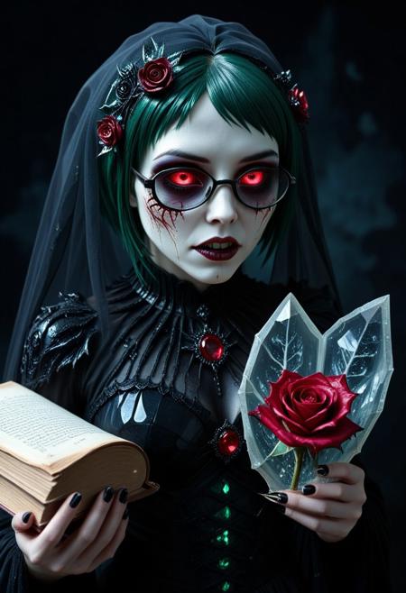 1girl, magical, mysterius, semi_realistic, rp_slgd, detailed face, emo makeup, emo short hairs, veil, black wedding dress made out of  malachite crystal, , glasses made out of ruby shards,  vampire fangs, , flower accesory made out of geoda 
biolumen,hair accesory, single rose flower, ruby crystal rose, the  sharp edges of the petals glow eerily white, holding book made out of  scrimshaw,  black glass  background, dim light, intricate details, horror theme, cementary, detailed background, black_theme, matte_color, flat color, reij-blckprlglss, aidmaImageUpgrader