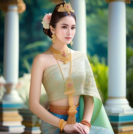 (masterpiece), best quality, ultra high res, ,(1girl:1.3) , (princess:1.3),sitting,beautiful face,( thailand ancient tradition palace:1.3),( garden:1.3),(cute girl:1.3), (day:1.3), blue sky, ( thai traditional dress:1.3),(traditional body strap:1.2) ,detailed background , big breasts , hair_bun, hair_ornament, hair_stick, jewelry , necklace, (seductive:1.3) , (intent looking:1.5) ,( looking at viewer:1.5),(from side view:1.5),  <lora:thaidressgirls:1>