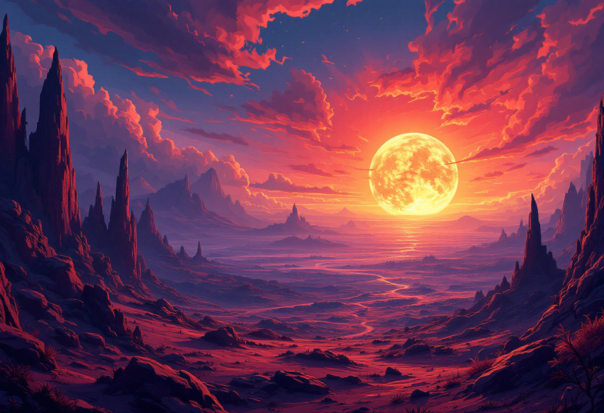 View from A hell planet, in cartoon style, epic, masterpiece