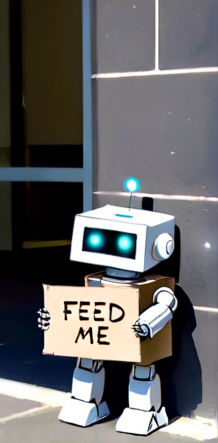 daytime picture, a small homeless robot, begging for money, holding cardboard sign with the text "FEED ME"