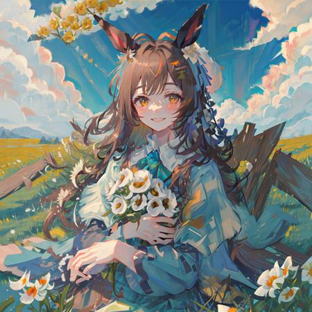 ((masterpiece, best quality)),1girl, horse ears, ((flowers meadows)), cloudy sky, sunlight, smile,