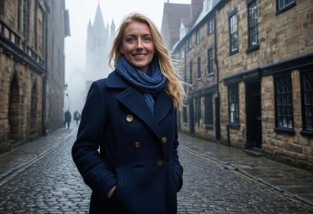 York – Medieval Mist**  
*A photorealistic (8K) image of the 40-year-old woman wrapped in a navy pea coat, her scarf-draped neck and windblown blonde strands framing blue eyes that crinkle at the corners. Morning mist softens her freckles and natural smile lines as she walks York Minster's ancient walls. The Shambles' timbered shops emerge from fog behind her, captured with a 35mm f/5.6 lens for environmental storytelling. Moody, directional dawn light creates chiaroscuro on her textured wool coat and the cobblestones, while a 1/4 Black Pro-Mist filter diffuses highlights into a period-drama glow. Ideal for National Geographic Traveler's atmospheric aesthetic.*photography , editorial photo,  realistic , natural light,  highly detailed
---