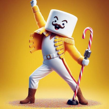 A poster-style parody image of a marshmallow character inspired by Freddie Mercury, titled 'Mallow Mercury.' The character is a dynamic marshmallow figure striking a classic pose — one arm raised triumphantly while holding a candy cane microphone stand. He wears a bright yellow crystallized sugar military-style jacket, white pants with a licorice stripe, and glittery sprinkle-covered boots. His toasted brown sugar mustache curls proudly above a wide grin. The background is a massive candy concert stadium filled with cheering gummy bears, gumdrop spotlights, and chocolate stage elements. The text 'MALLOW MERCURY' appears in bold, stylized rock font at the top, with a fun tagline below saying exactly  “We Will, We Will… Toast You.” The whole scene is vibrant, whimsical, and styled like a glam rock candy fantasy.