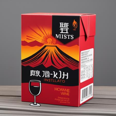 A paper box of red wine beverage featuring a volcano design on the exterior packaging. The box is placed on a rustic wooden table. The lighting is warm and focused on the box to highlight the volcano design. The colors are rich and vibrant, emphasizing the reds and oranges of the volcano. The style is hyper-realistic, capturing the texture of the paper box and the intricate design. The composition is shot with a high-resolution camera and a wide-angle lens to capture the details,<lora:boxdrinks:0.55>