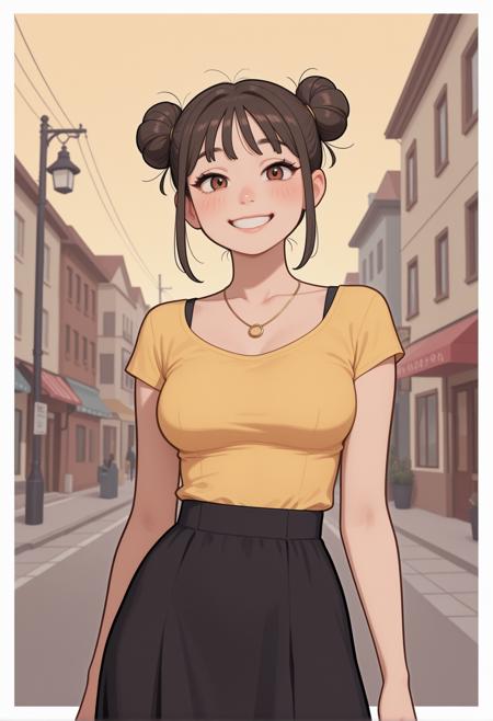 masterpiece, best quality, very aesthetic, absurdres, newest, highest quality, 1girl, medium_breasts, mommy milkers, black skirt, dark blonde double bun, messy bangs, brown eyes, thin waist, grin, looking_at_viewer, upper_body, necklace, yellow_background, public background, dynamic pose, cowboy shot, golden_hour, deep_shadows, white border, outlined, m1nma_sty, minimalistic
