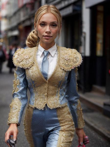 tr4j3, medium closeup, from front, fit b3linda_n0texist woman, makeup, detailed face, ponytail,  wearing (blue traje de luces:1.2) with gold designs, closed cropped jacket, tight vest, white buttoned collar shirt, tight traje pants, (black tie), walking down the street, small waist <lora:tr4j3_v2:1> <lora:add_detail:1>  <lora:ClothingAdjuster3:-0.5>