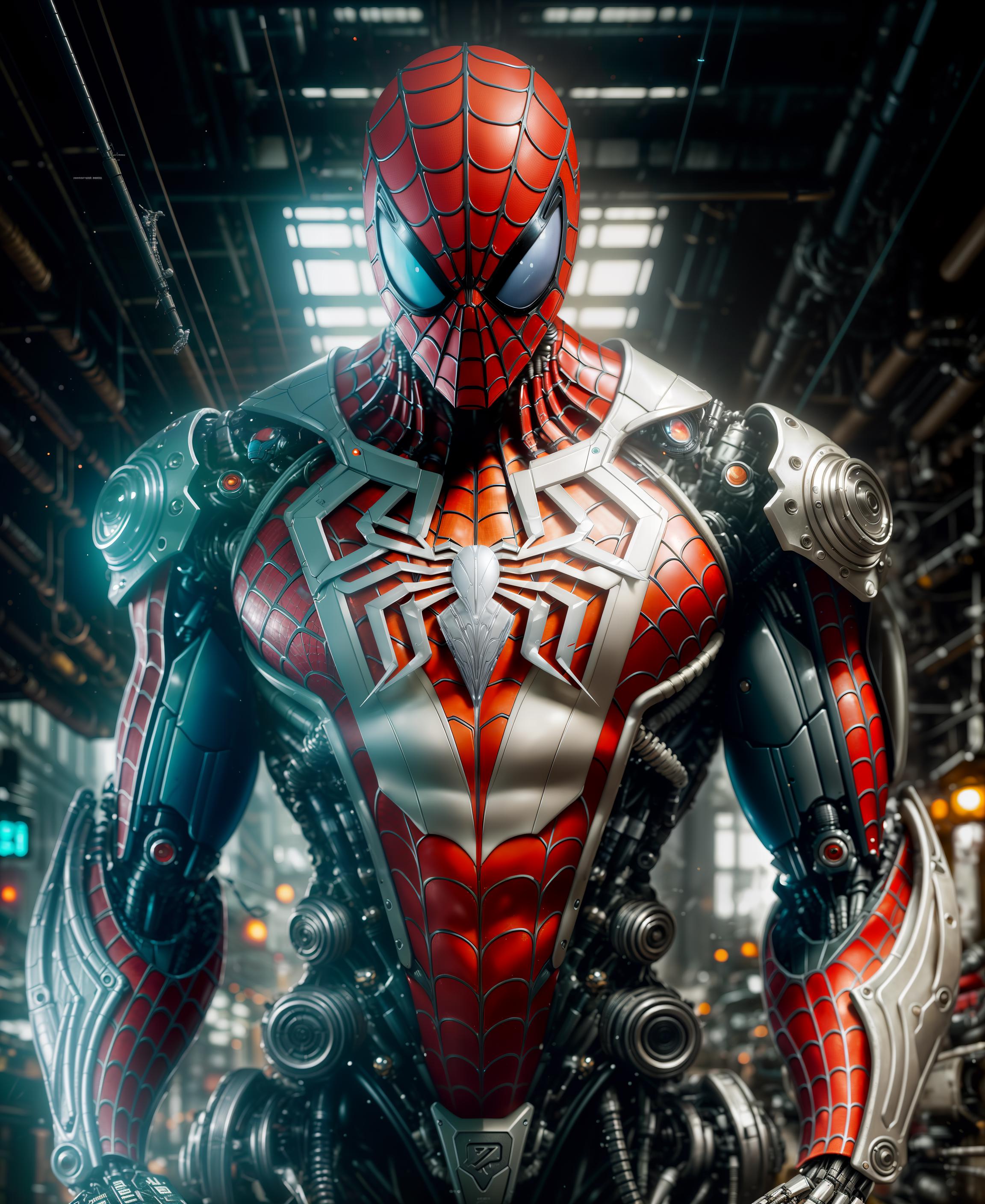 A Spiderman suit with red and white colors and a metallic texture.