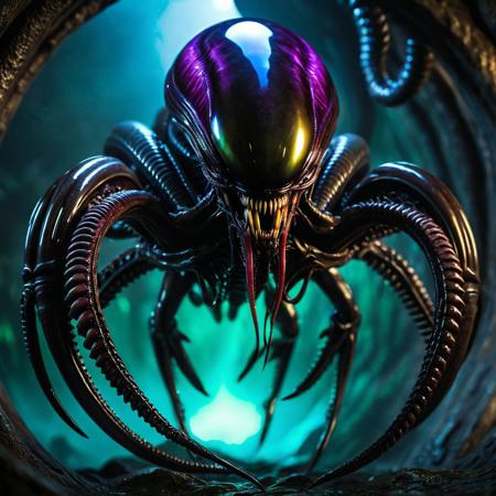hyper-realistic, photo-realistic, cinematic, a highly detailed image of a fantasy hybrid creature that combines the spherical body of a Beholder and the sleek, elongated features of an Alien (Xenomorph). The creature has a large, glossy black spherical body with iridescent green and purple scales that shimmer in the light. Its central eye is enormous and menacing, glowing a vivid crimson, surrounded by intricate, pulsating veins.
Emerging from the top of the sphere are several long, sinuous tendrils resembling the elongated heads of Xenomorphs, each ending in a smaller eye that varies in color from icy blue to sickly yellow. These tendrils are articulated, giving them a dynamic, predatory appearance.
The creature's mouth is wide and filled with sharp, serrated teeth, reminiscent of both species, dripping with viscous saliva. Its skin has a slick, almost wet appearance, reflecting the dim light of its surroundings. 
Set the creature in a dark, eerie environment, possibly a shadowy alien landscape or a cavernous dungeon, with faint glimmers of bioluminescent plants or crystals illuminating the scene. The atmosphere should be tense and foreboding, capturing the essence of this terrifying hybrid monstrosity