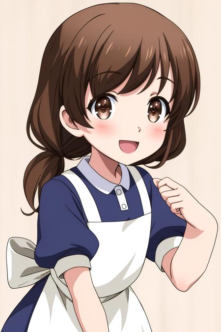 lytt, 1girl, solo, long_hair, looking_at_viewer, blush, smile, short_hair, open_mouth, bangs, simple_background, brown_hair, shirt, twintails, brown_eyes, upper_body, short_sleeves, :d, puffy_sleeves, apron, puffy_short_sleeves, hands_up, blue_shirt, portrait, close-up, clenched_hands