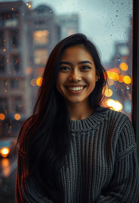(masterpiece, best quality, ultra-detailed, 8k), full-body portrait of a happy woman indoors, (rainy evening city background through window:1.2), rain-speckled glass, soft city lights blurred outside, (warm cozy lighting:1.3), big bright smile, long dark hair, wearing a chunky knit sweater, relaxed and joyful mood, cinematic composition, soft focus, (comfort and peace), bokeh, golden glow, cozy atmosphere, (realistic skin texture), natural pose, subtle reflections on glass, (intimate mood), warm color palette