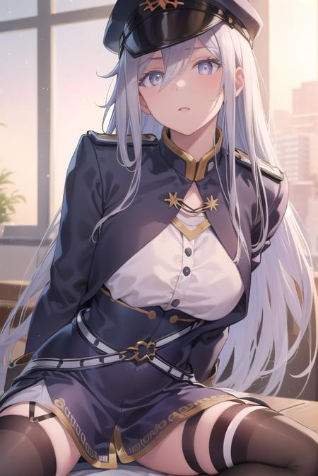 vladilenamilize, <lora:vladilenamilizetest:1>,
vladilena milize, (grey eyes:1.5),  grey hair, hair between eyes, long hair, ahoge,
BREAK blue headwear, blue jacket, blue skirt, hat, jacket, military, military hat, military uniform, peaked cap, shirt, skirt,  thighhighs, uniform, white shirt,  white thighhighs,
BREAK looking at viewer,
BREAK indoors, classroom,
BREAK <lora:GoodHands-vanilla:1>, (masterpiece:1.2), best quality, high resolution, unity 8k wallpaper, (illustration:0.8), (beautiful detailed eyes:1.6), extremely detailed face, perfect lighting, extremely detailed CG, (perfect hands, perfect anatomy),