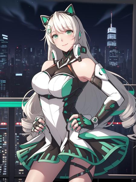 ASUStianxuan, 1girl, solo, long hair,green eyes, drill hair, breasts, looking at viewer,elbow gloves,dress, cat ear headphones,neon trim,bare shoulders, white hair,hair ornament, <lora:ASUStianxuan:0.75>,cityscape, night, (smile:0.6),