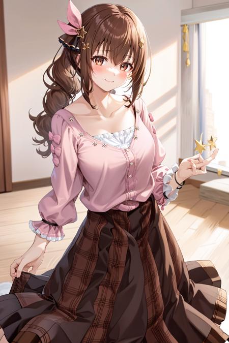 1girl, sora_indoor, solo, star hair ornament, hair ornament, brown hair, star (symbol), skirt, ribbon, hair ribbon, long hair, shirt, brown eyes, cowboy shot, smile ,looking at viewer, white shirt,, hair flaps, bracelet, side ponytail, long skirt, (brown skirt:1.45), pink ribbon, collarbone, jewelry, shoes, blush, hairclip, bangs, pink blouse, plaid, socks, long sleeves, camisole,  large breasts, standing, indoor, room, <lora:Hololive_Sora_v1.0:0.7>