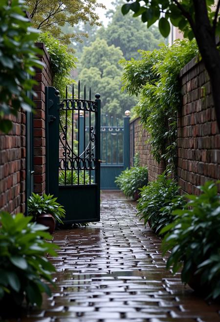 A beautifully lit and composed professional high resolution photograph of a   Parisian pocket park, wet cobblestones, early morning rain storm, heavy rain, weathered bricks and wood, fine details of plants trees, wrought iron gate