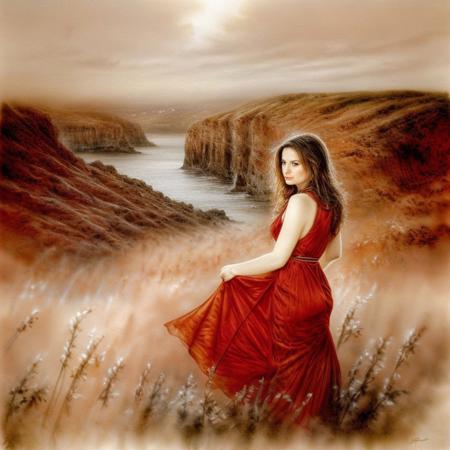 royo, female, spy, red dress, ruins, beautiful, pretty