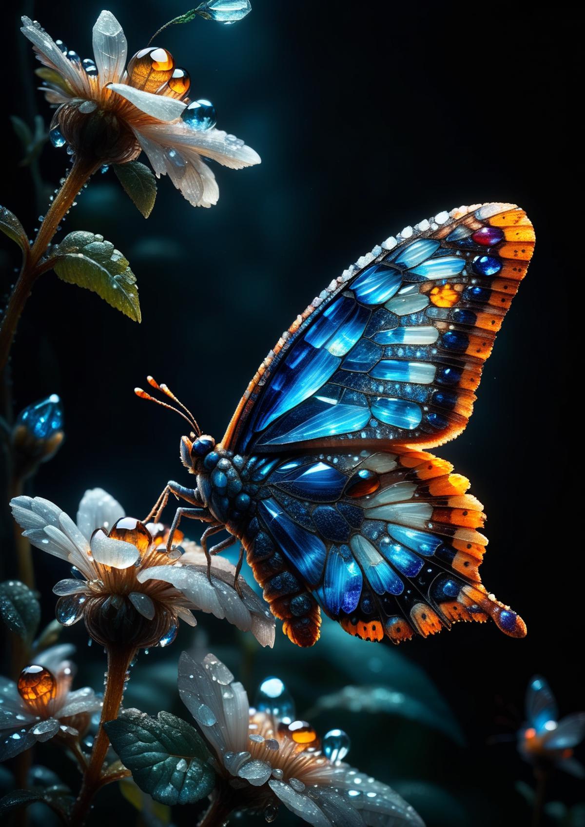 A beautiful blue and orange butterfly with iridescent wings sitting on a flower.