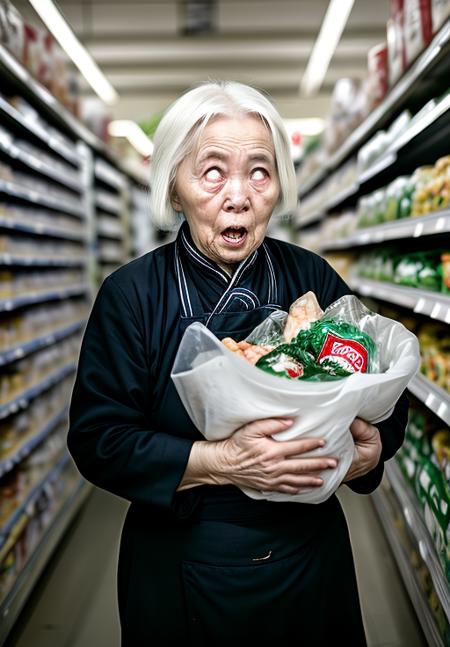 professional photograph of an old chinese woman, white hair, grocery store, white eyes, shock512 <lora:whiteeyes_11-04:1.3> whiteeyes