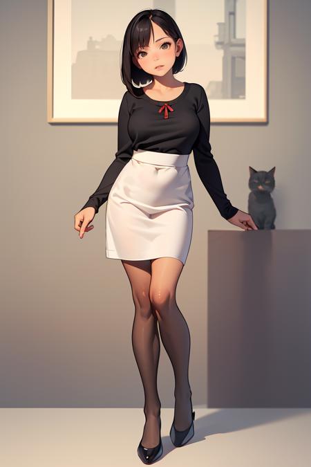 (masterpiece, best quality), 1girl,female Teenager, Well-defined, Russian, Dark brown eyes, Elongated Ears,  Protruding Chin with Cleft, Soft Jaw, Symmetrical Cheeks,     , Light Black (Soft Black) Long Bob hair, Amusement wearing Striped  Flannel Culotte skirt,  Ruffle sleeve blouse, Kitten heels, , , Standing with weight shifted to one leg, suggesting ease