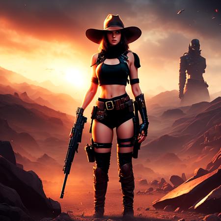 an attractive woman [gunslinger:bounty hunter:0.4] standing in a apocalyptic wilderness (pixelpc style:1) <lora:djzPixelPC_LB2:0.8>