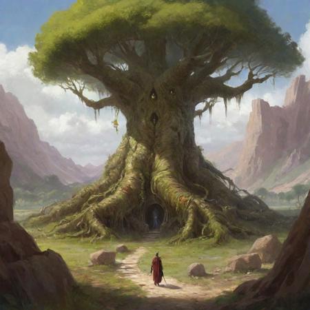 (Illustration by james gurney), Create an illustration representing the concept of an 'Icon' within a tabletop roleplaying game, a being that is both a character and embodies its own environment. The image should depict a majestic, sentient entity that is seamlessly integrated with a fantastical landscape or setting, suggesting its dual nature. The Icon could be visualized as a grand, ancient tree whose branches and roots form part of a lush, vibrant forest, symbolizing its connection and unity with the land it governs. The entity's face might be subtly integrated into the tree's trunk, with a wise, serene expression that conveys its sentience and the depth of its connection to its realm. The surrounding environment should reflect the harmony and symbiosis between the Icon and its domain, with creatures and elements of the landscape subtly echoing the Icon's features, emphasizing the idea that it is both a distinct character and the embodiment of its setting, sd15_journalSketch, white background