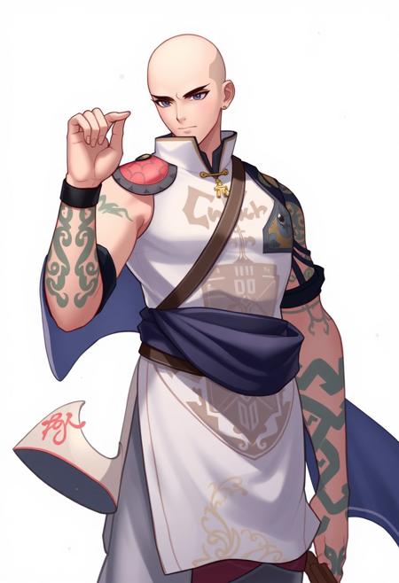 game character, chinese clothing, original art design, solo, baldness, 1boy, male focus, tattoo, white background, full body