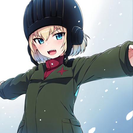 best quality, masterpiece, 1girl, katyusha, blonde hair, blue eyes, bob cut, flat chest, pravda school uniform, helmet, spread arms, snow <lora:katyusha-18:0.9>