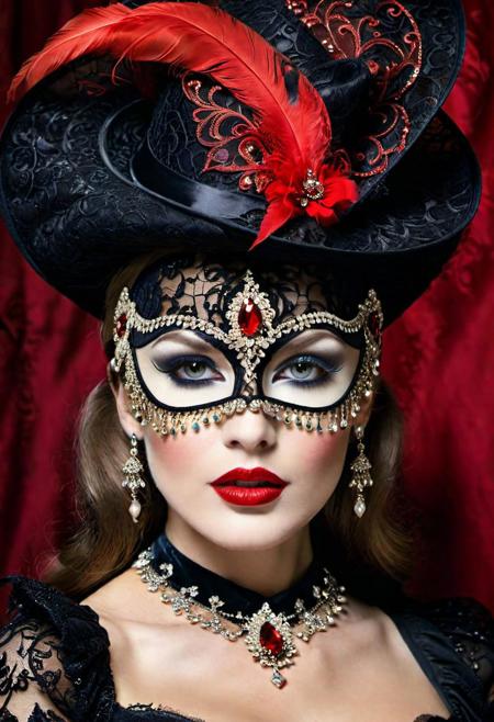 (Covered with jewels:2),a woman wearing a black and red mask, by Nina Petrovna Valetova, , beautiful cowboy witch, dressed in black lace, dramatic face, both have red lips, innocent look. rich vivid colors, red facial stripe, with very thin lips, beautiful costume, moulin rouge, red cap, with high cheekbones