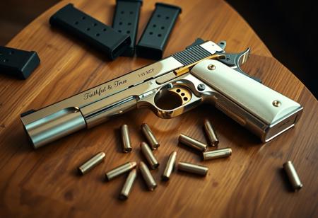 A gun is lying flat on a wooden table, it is a pure white chrome-finished Colt 1911 full-size handgun with "Faithful & True" engraved in elegant font along the slide of the pistol. The grips are beautiful pearl white, and the the gun has gold accents on all the buttons and levers. The pistol is surrounded by spare mags and several extra .45 ACP ammunition rounds littered across the table. View from above, high angle view, cinematic, weapon, indoors, signature, blurry, gun, mirror finish, chrome finish, reflections, beautiful reflections, highly detailed reflections, reflective finish, no humans, depth of field, blurry background, handgun, action film style, shallow depth of field, vignette, highly detailed, high budget, bokeh, cinemascope, moody, epic, gorgeous, film grain, grainy