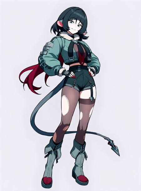 1girl, janedoe, bangs, black hair, blue eyes, red hair, long hair, mouse ears fur-trimmed jacket, green jacket, long sleeves, red necktie, high-waist black shorts, belt, fingerless gloves, single leg pantyhose, torn pantyhose, torn thighhighs, grey boots  tail, red fingernails