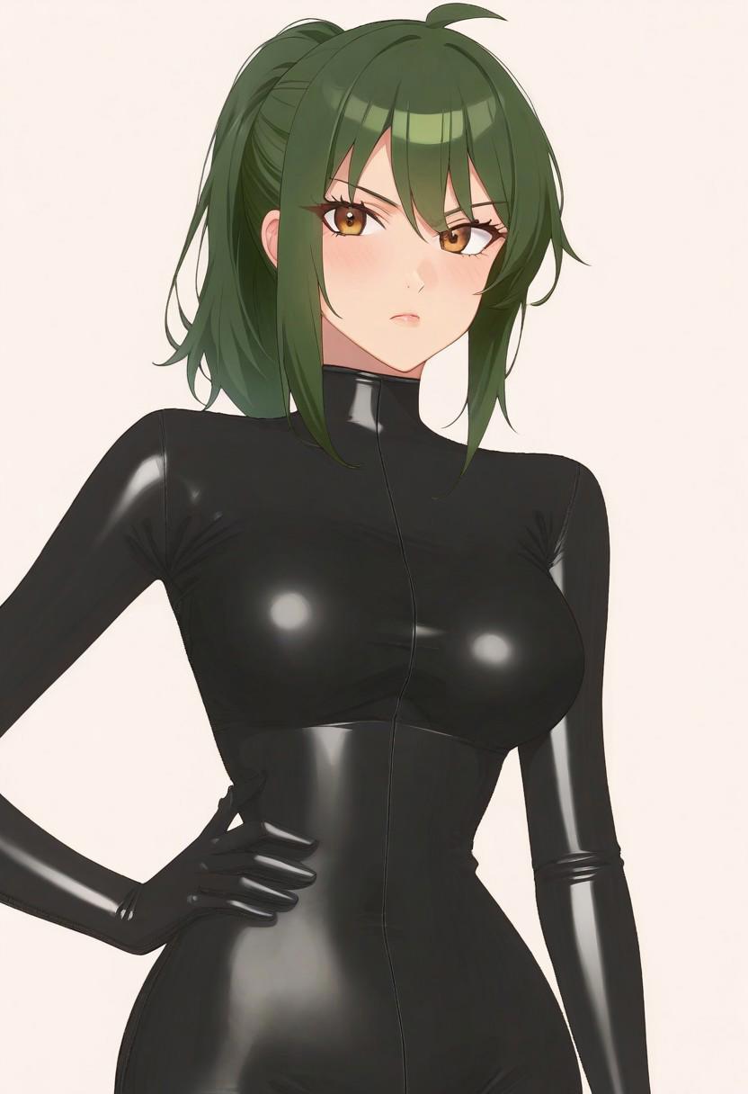 Masterpiece, High quality, anime, single, solo, 1girl, Oc, adult, tall, Agent spy woman, 1girl, tall, green ponytail hair, Black skintight latex bodysuit, full Black skintight latex gloves, brown eyes, green ponytail hair, Black Latex skintight bodysuit, all black shiny latex suit, long zipper on center of suit, shiny Black latex skintight elbow gloves, shiny Black latex skintight thigh boots, gadget belt on waist, serious face expression, hands on hip, White background