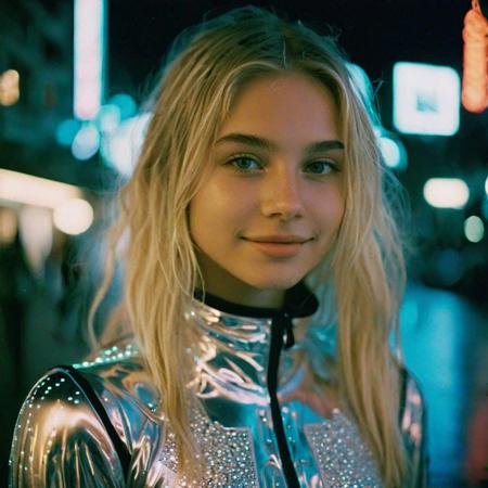 cute young girl, slight smile, blonde hair, light makeup, hyperdetailed photography, soft light, kodak gold 100 film, night scene, bioluminescent water, wearing futuristic outfit.