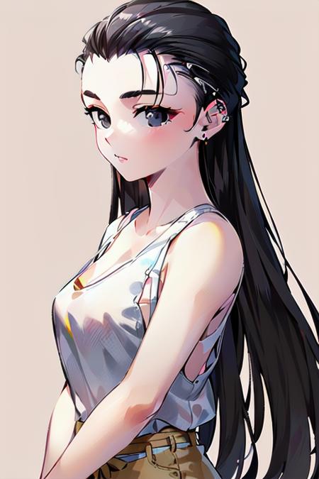 masterpiece, best quality, textured skin, beautiful detailed face, beautiful detailed eyes, beautiful detailed pupils, absurdres, beautiful detailed girl, looking at viewer, 
(1girl,solo:2),
<lora:super_oume_otane-04:0.9> (black eyes,white_tank_top:2)(hair slicked back,black hair,very long hair,straight hair,white belt:1.5),sandals, (yellow baggy pants :1.4)