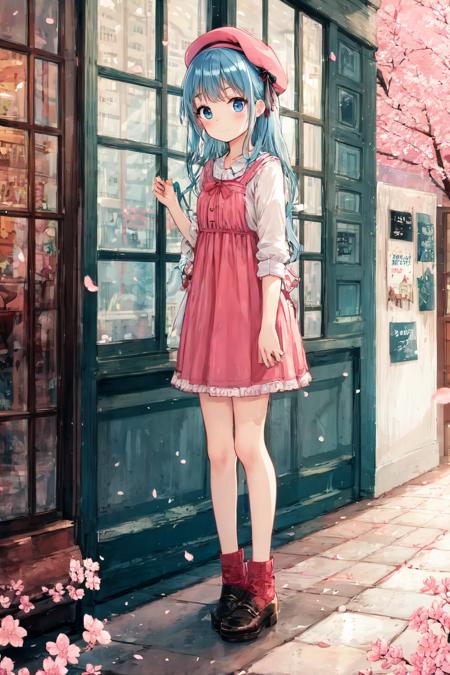 kat,<lora:kataragi-styleV1.0_e15:0.7>,(masterpiece),(illustration),(best quality:1.3),outdoor,(cherry blossom),accurate anatomy,outdoor,(very cute girl,face focus:1.4),pink beret,gothic pink dress,ruby eyes BREAK long (blue) hair,