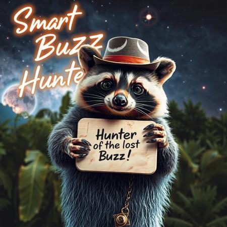 masterpiece, intricate photo realistic photo, cute racoon wearing hat holding a small beige wooden plate on which is written "Hunter of the lost Buzz!", background jungle, stars, galaxies, nebulae, in the sky is written in neon letters "Smart Buzz Hunter", as realistic as possible, hyper realistic, highly detailed, sharp focus,dark art, gothic art, cyberpunk style, best quality, high resolution, colorful, vibrant colors, studio lighting, 8K