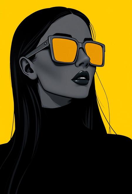 Close-up of a stylized female portrait. 
The figure is rendered in a grayscale palette, with a deep black color for clothing and hair, set against a vibrant yellow background.  The woman has long, dark hair that falls down her back.  Her facial features are defined, with a strong jawline and a confident expression.  She is wearing large, square-framed sunglasses with amber or yellowish-gold lenses.  The sunglasses are a noticeable feature, contrasting sharply with the surrounding dark tones. 
A turtleneck-style top is visible, further enhancing the silhouette.  The overall style is fashion-forward and somewhat dramatic, emphasizing form and contrast against the background. The figure is presented in a three-quarter profile view.
<lora:FLUX-daubrez-DB4RZ-v2:1> DB4RZ, DB4RZ style painting