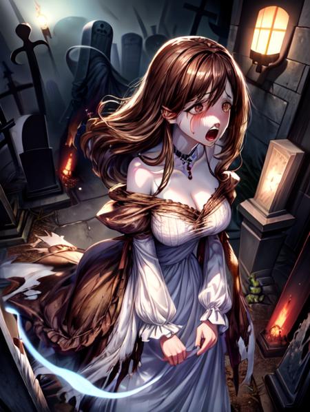 best quality, masterpiece, highres, detailed, digital artwork, <lora:Detail - add_detail:0.2>, 1girl, BansheeCh, ghost girl, horror \(theme\), <lyco:BansheeCh:1.0>, pale white skin, dress, jewelry, torn clothes, screaming, glowing,  sad,  graveyard, <lora:Character - ChihoNTR:0.7>, ChihoNTR, brown hair, brown eyes