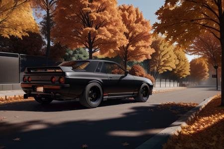 black SKYLINER32, sports car parked on a street covered with leaves in autumn in a (city:1.3), fall, global illumination, volumetric lighting, best quality, highly detailed, cgi, illustration, octane render,  <lora:SKYLINER32:0.6>