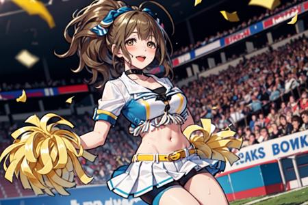 <lora:kuwayama chiyuki:1>, kuwayama chiyuki, 1girl, pom pom (cheerleading), cheerleader, breasts, sweat, holding pom poms, skirt, navel, stadium, large breasts, looking at viewer, solo, cleavage, brown hair, crop top, blush, open mouth, ahoge, confetti, choker, blurry, smile, bike shorts, midriff, ponytail, holding, pleated skirt, bangs, outdoors, collarbone, bow, shirt, brown eyes, short sleeves, blurry background, long hair, blue shirt, grass, hair bow, shorts, belt, bike shorts under skirt, shorts under skirt, miniskirt