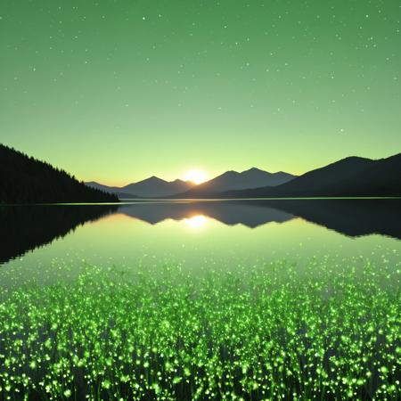 very aesthetic, very absurdres, symmetric, artistic, dawn, calm lake horizon made of hud_per1d0t_wrld, green glittering, light bloom, reflective