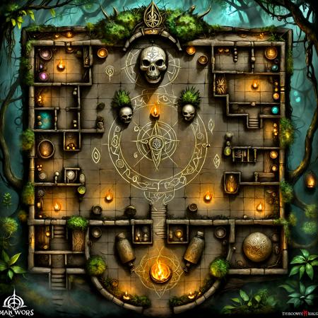masterpiece, high quality, BREAK top-down view, large map, Table, Interior, Dungeon, Map, Floor Plan, indoors, distinct pathways, doors, entrances, exits, ramps, stairs, voodoo magic, dark ritual, swamp, eerie atmosphere, glowing candles, tribal masks, bone decorations, cursed symbols, wooden huts, hanging skulls, misty air, shadowy figures, ancient totems, ritual circle, flickering torches, overgrown trees, murky water, twisted vines, sacred ground, dark magic, enchanted forest, eerie fog, ceremonial altar, shamanic symbols, runic carvings, creepy dolls, bubbling cauldrons, fetishes, haunted, thick vegetation, ritualistic objects, mysterious energy, glowing sigils, deep shadows, <lora:DD_Table_RPG:0.5>, <lora:SDXLFaeTastic2400:1>, <lora:JJsFloorPlan_XL:1> <lora:ral-vudu-sdxl:0.5> ral-vudu