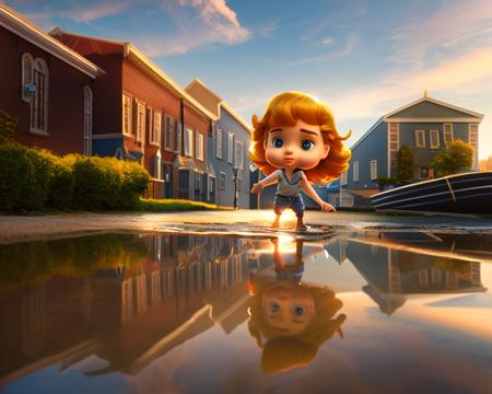 boy launching a paper boat into a puddle in a small town, morning light, cartoonish_doll