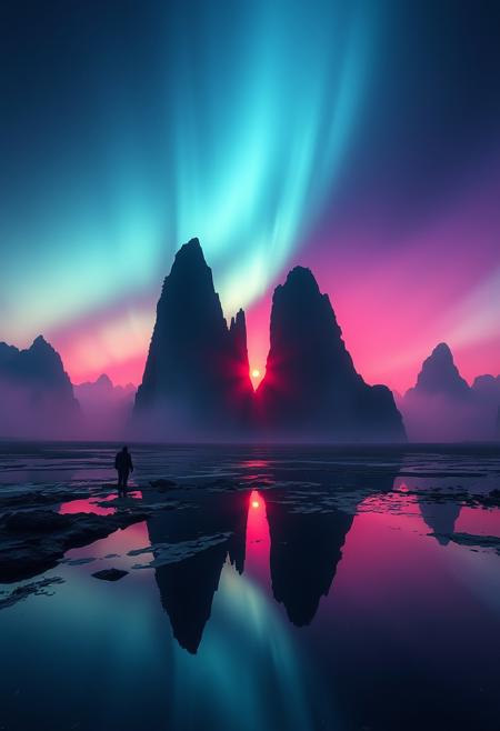 highly detailed and hyper realistic photo, by Alena Aenami , by Archibald Thorburn , by Daniele Afferni , a breathtaking otherworldly landscape with psychedelic colors , in the style of monochromatic silhouette reflection, limited dark palette, unusual dark colors, faded colors, atmospheric haze, highly dramatic cinematic lighting, motion blur, film grain, professional, excellent composition, finest details, maximized details, ultimate detail level, masterpiece, best quality