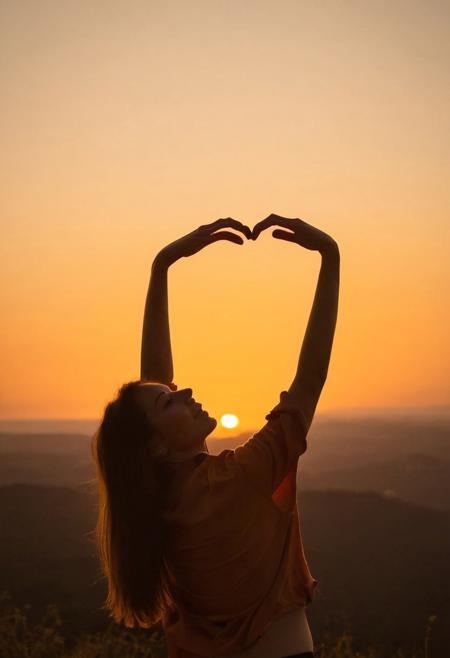 sunset, silhouette, woman, heart shape, hand gesture, warm colors, outdoor, dusk, sky, creative pose, backlit, soft focus, landscape, golden hour, tranquility, leisure activity, nature, serene, orange tones, casual attire