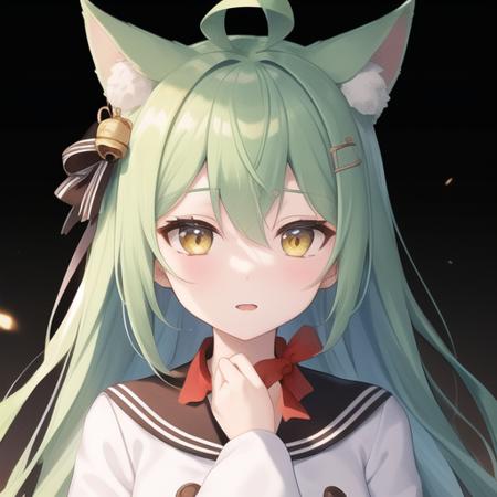 (masterpiece, best quality:1.2),illustration,8k,hd,1girls,solo,upper body,(portrait:1.2),animal_ears,cat_ears,green_hair,long_hair,ahoge,yellow_eyes,hair_between_eyes,bow,very_long_hair,bell,hair_ornament,bangs,hair_bow,dress,long_sleeves,sleeves_past_wrists,white_dress,jingle_bell,red_bow,sleeves_past_fingers,sailor_dress,black_bow,brown_eyes,braid,sailor_collar,:3,<lora:akashi:1>,